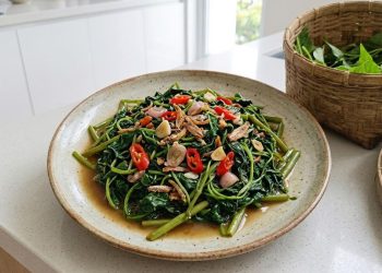 Tumis Daun Ubi Sederhana dengan Bawang dan Cabai Nikmat Disajikan dengan Nasi Hangat